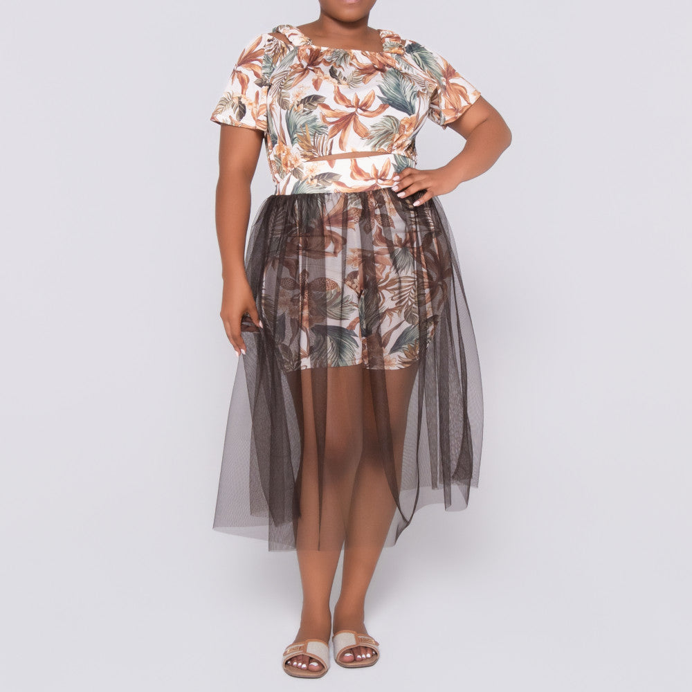 Plus Size Printed And Plain Mesh Swimsuit Set