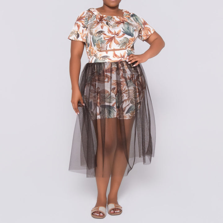 Plus Size Printed And Plain Mesh Swimsuit Set