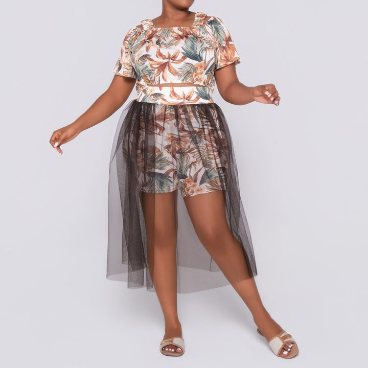 Plus Size Printed And Plain Mesh Swimsuit Set