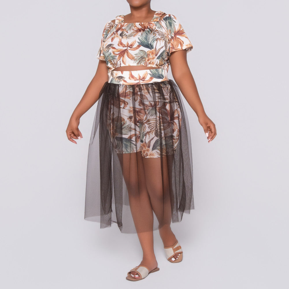 Plus Size Printed And Plain Mesh Swimsuit Set