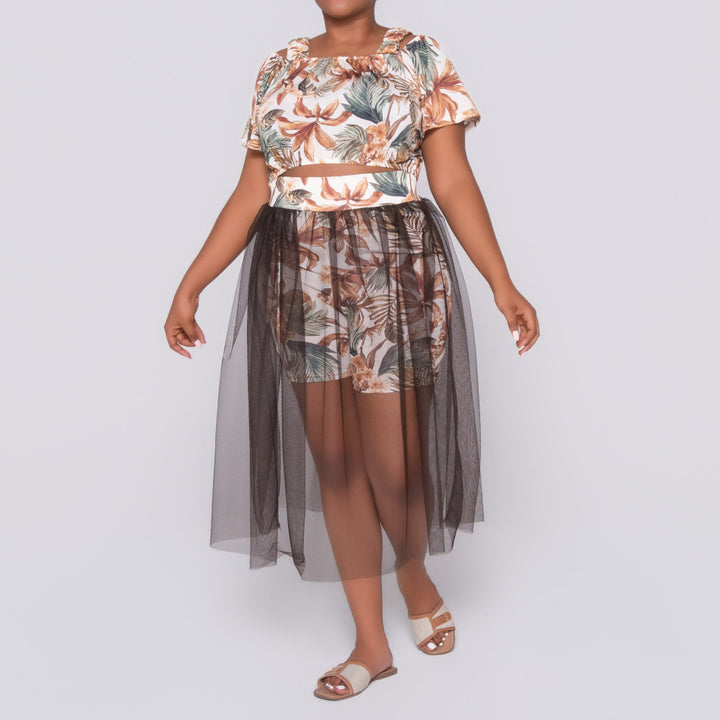 Plus Size Printed And Plain Mesh Swimsuit Set