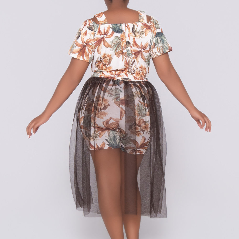 Plus Size Printed And Plain Mesh Swimsuit Set