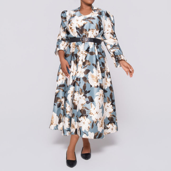 Plus Size Tie-Belt Foil Print Dress