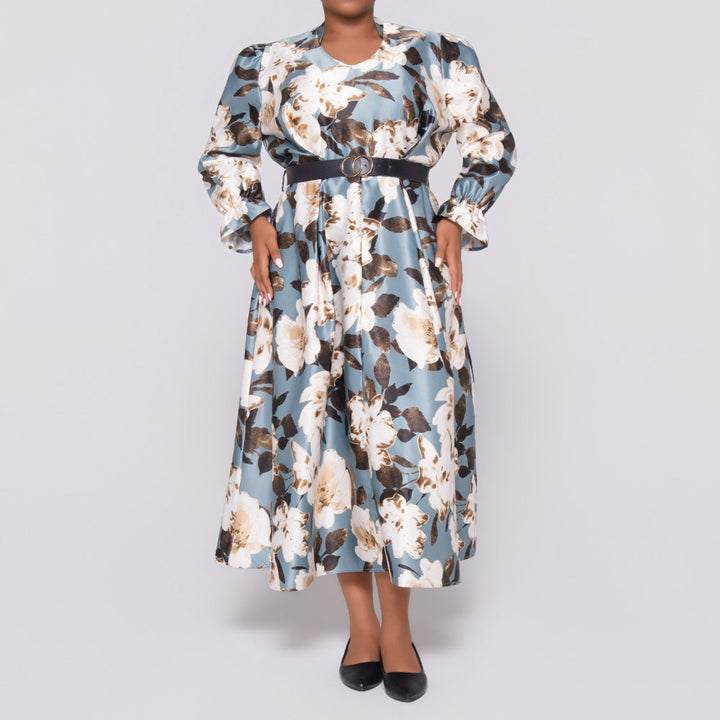 Plus Size Tie-Belt Foil Print Dress