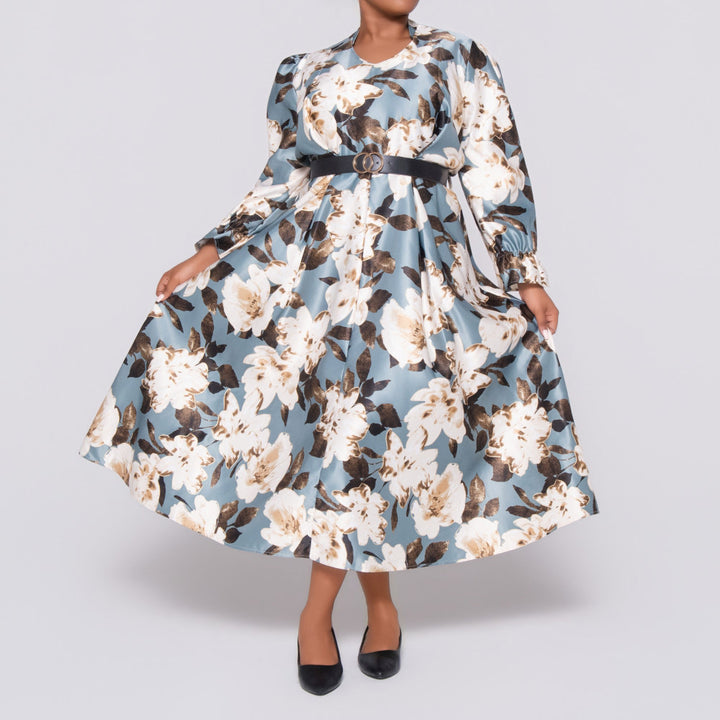 Plus Size Tie-Belt Foil Print Dress