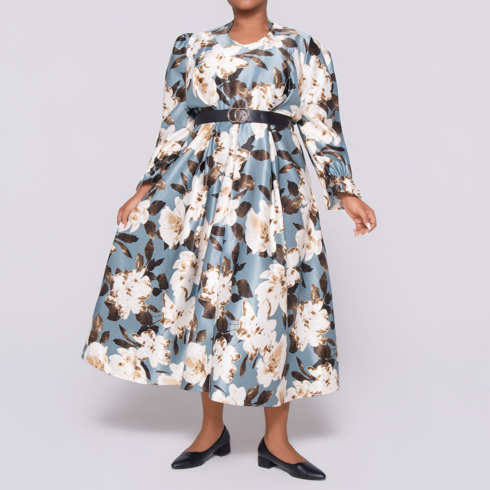 Plus Size Tie-Belt Foil Print Dress