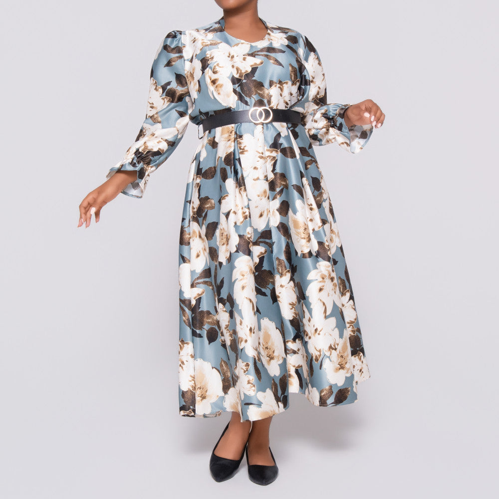 Plus Size Tie-Belt Foil Print Dress