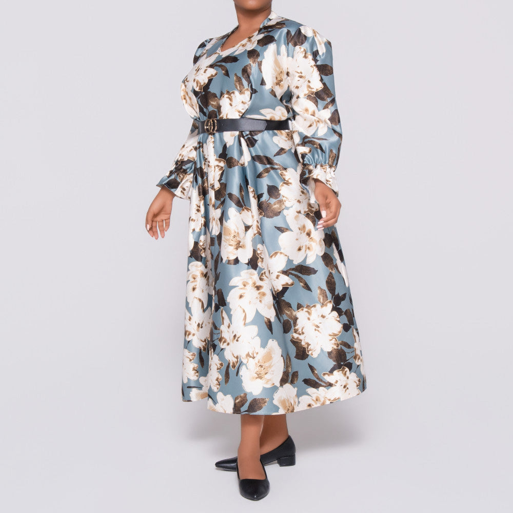 Plus Size Tie-Belt Foil Print Dress