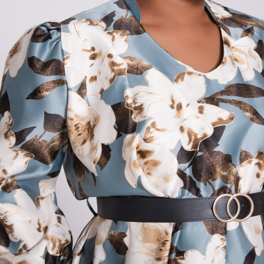 Plus Size Tie-Belt Foil Print Dress
