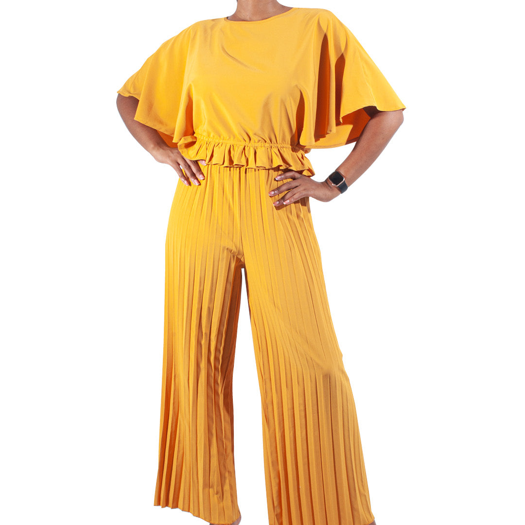 Short Sleeve Mustard Crop Top And Pleated Pants
