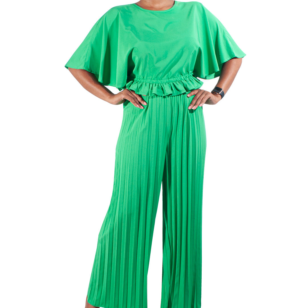 Short Sleeve Green Crop Top And Pleated Pants