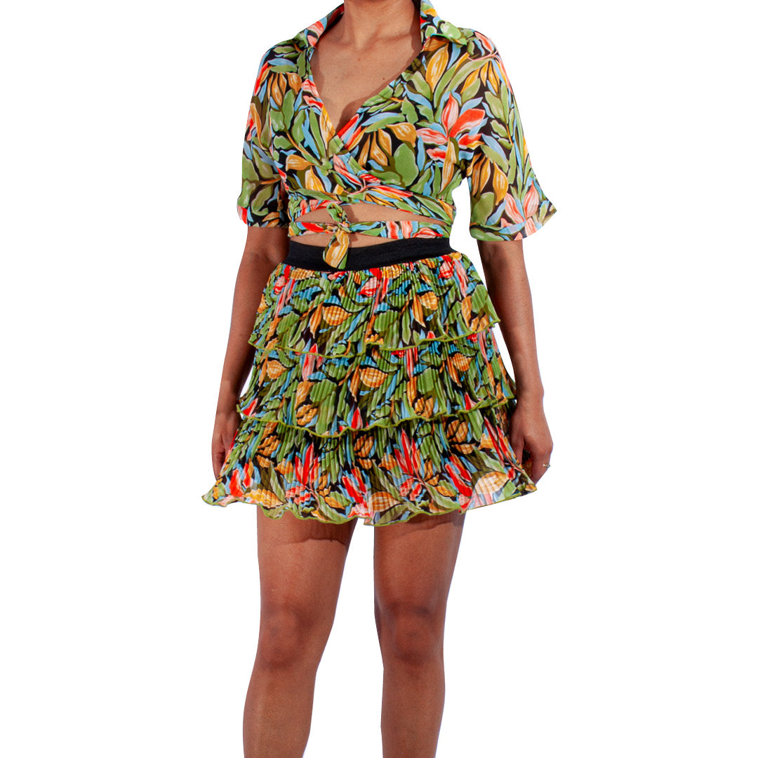 Printed Chiffon Crop Top And Tiered Skirt