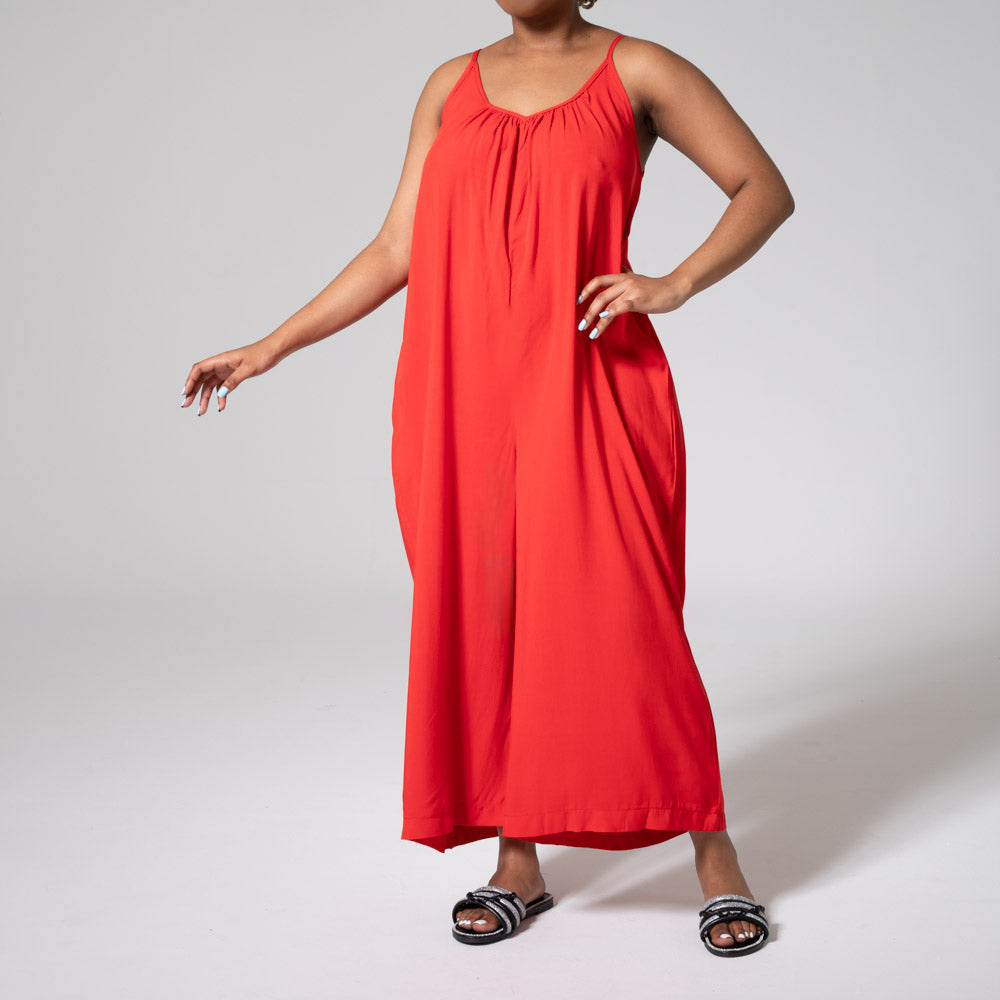 Soft Flowy Jumpsuit with Asymmetric Shoulder Detail Terracotta