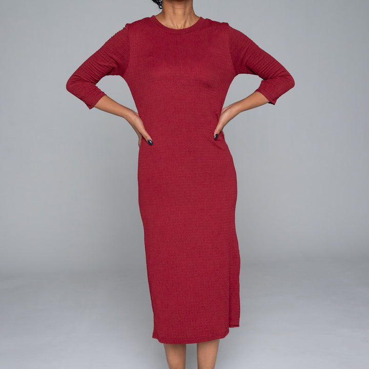 Wine Crinkle Knit Dress