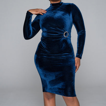 Long Sleeve Belt Detail Velour  Navy Dress