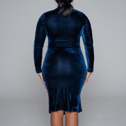 Long Sleeve Belt Detail Velour  Navy Dress