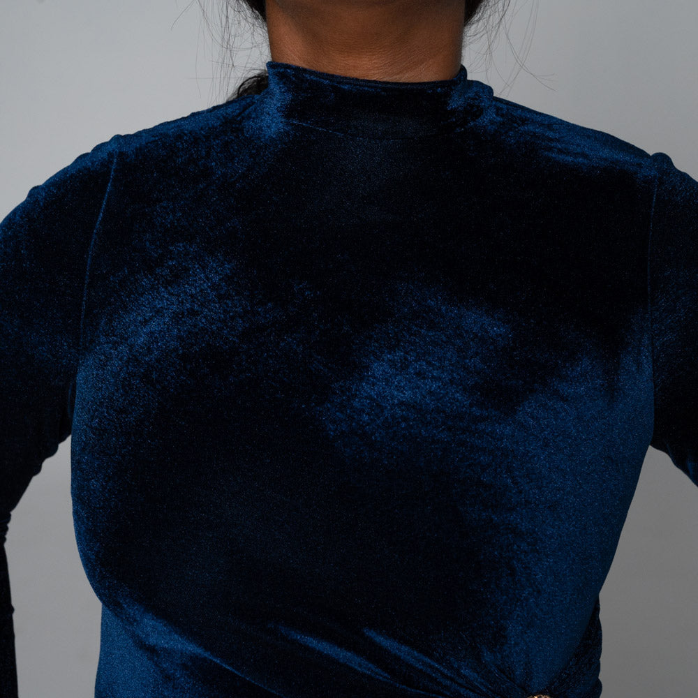 Long Sleeve Belt Detail Velour  Navy Dress