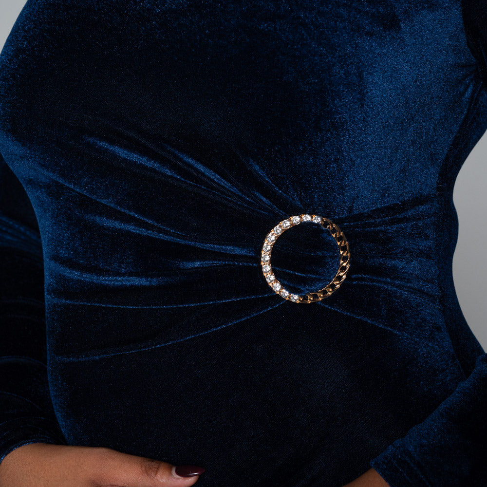 Long Sleeve Belt Detail Velour  Navy Dress