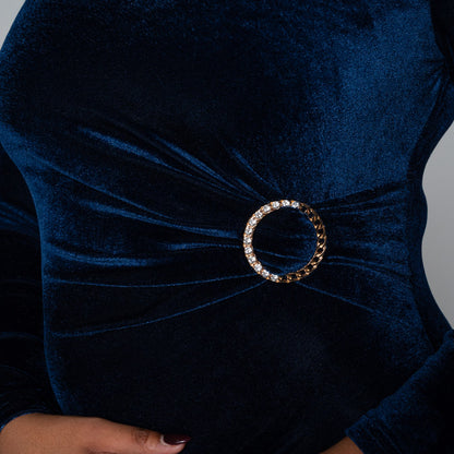 Long Sleeve Belt Detail Velour  Navy Dress
