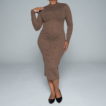 Brown Rib Turtle Neck Dress