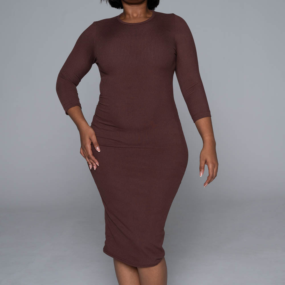 Brown Soft Poly Ribbed Dress