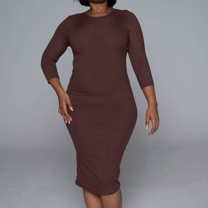 Brown Soft Poly Ribbed Dress