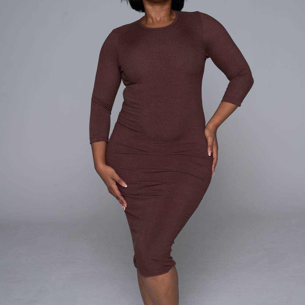 Brown Soft Poly Ribbed Dress