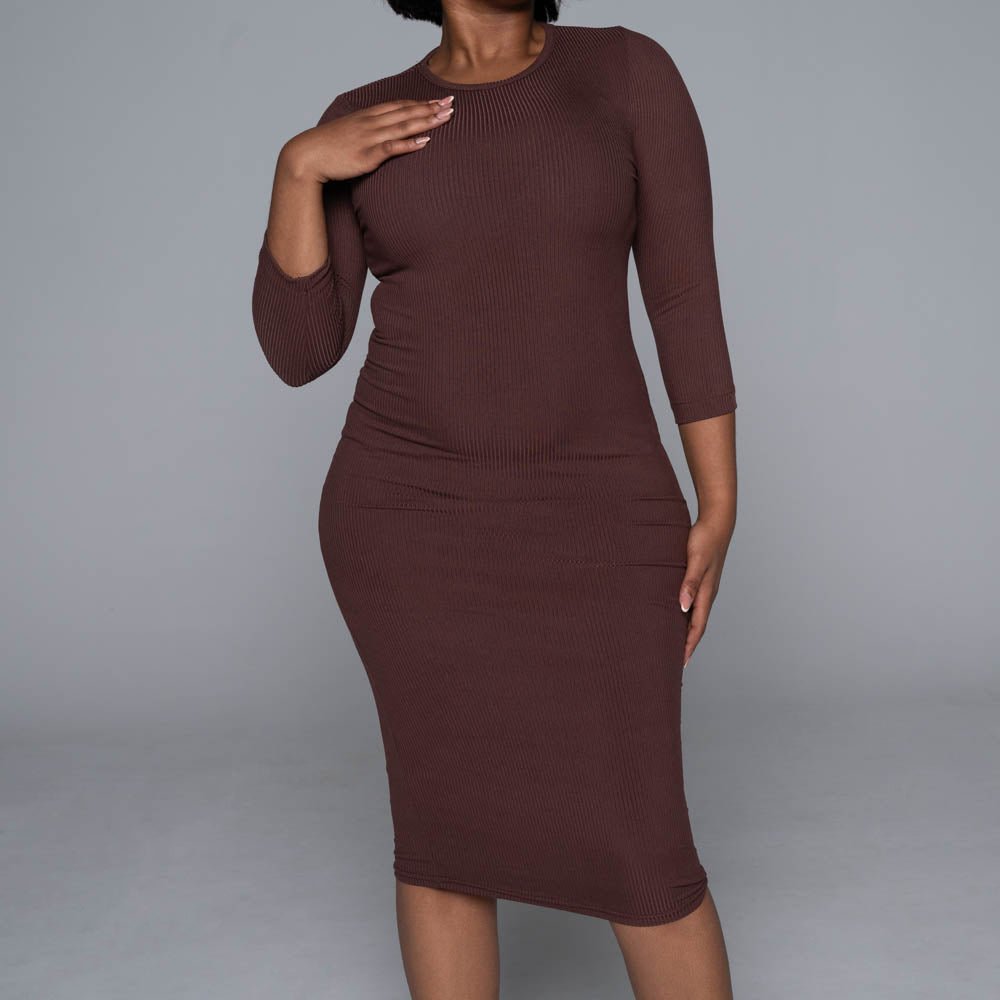 Brown Soft Poly Ribbed Dress