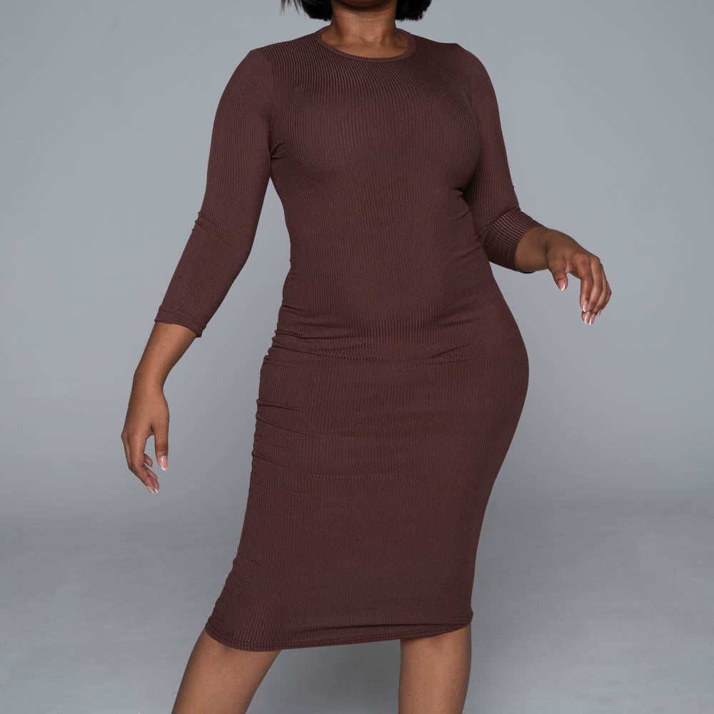 Brown Soft Poly Ribbed Dress