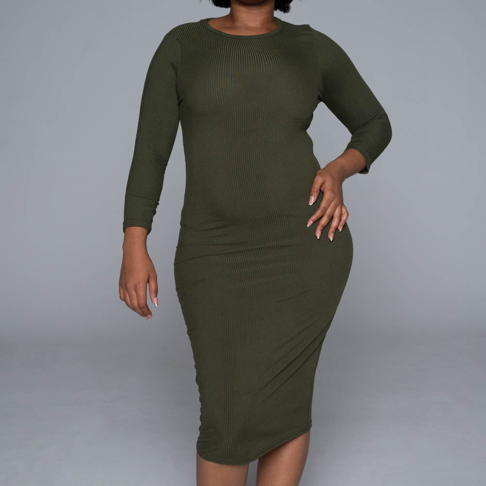 Olive Soft Poly Ribbed Dress