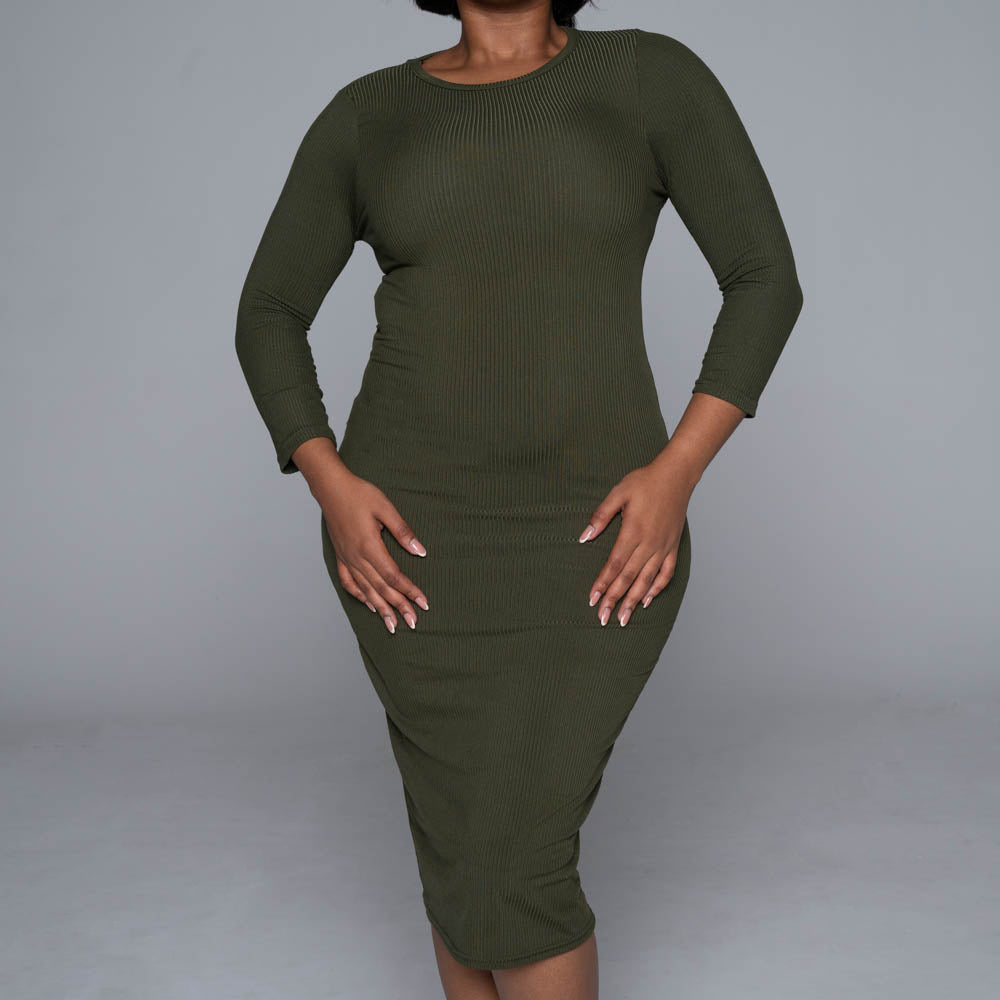 Olive Soft Poly Ribbed Dress