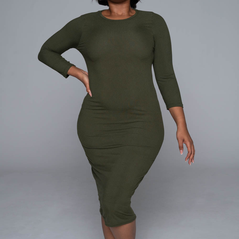 Olive Soft Poly Ribbed Dress