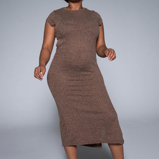Brown Short Sleeve Rib Dress