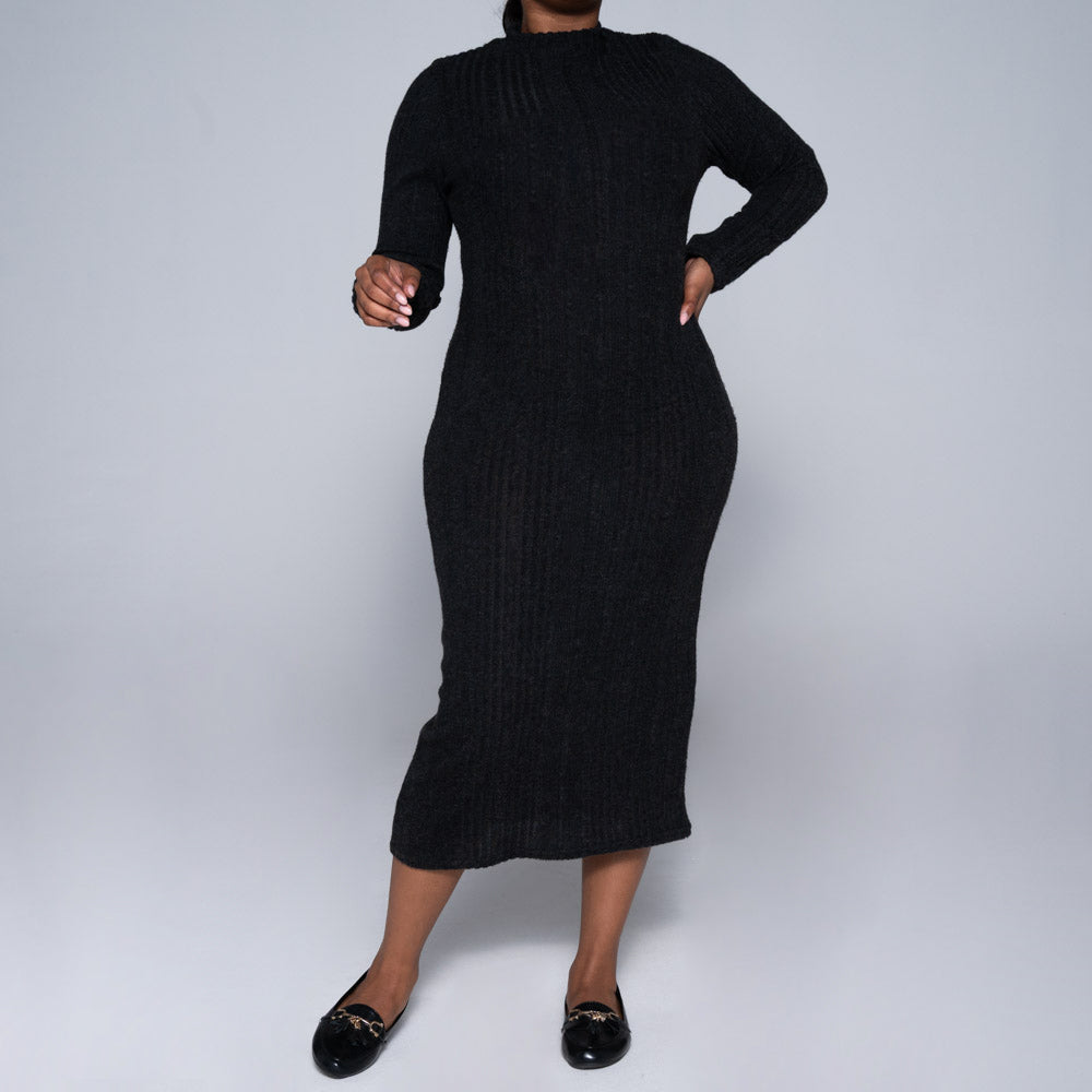 Winter Style Turtle Neck Long Sleeve Black Dress - Ships in 24 Hrs