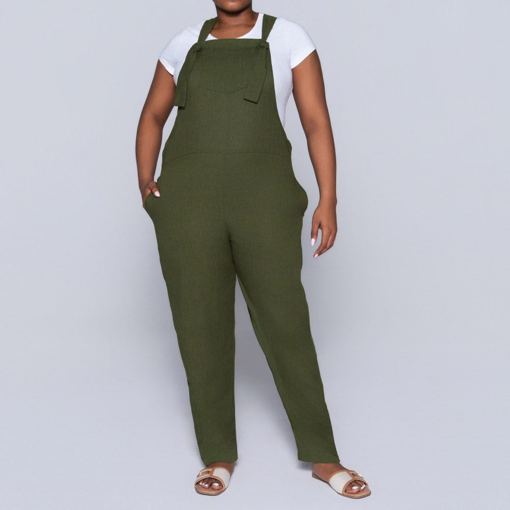Plain  Linen Olive Jumpsuit