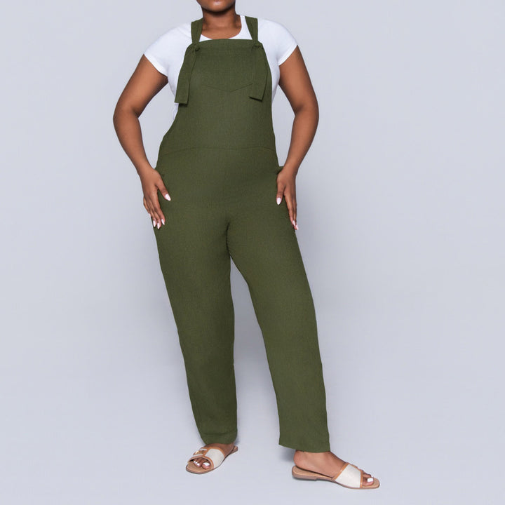 Plain  Linen Olive Jumpsuit