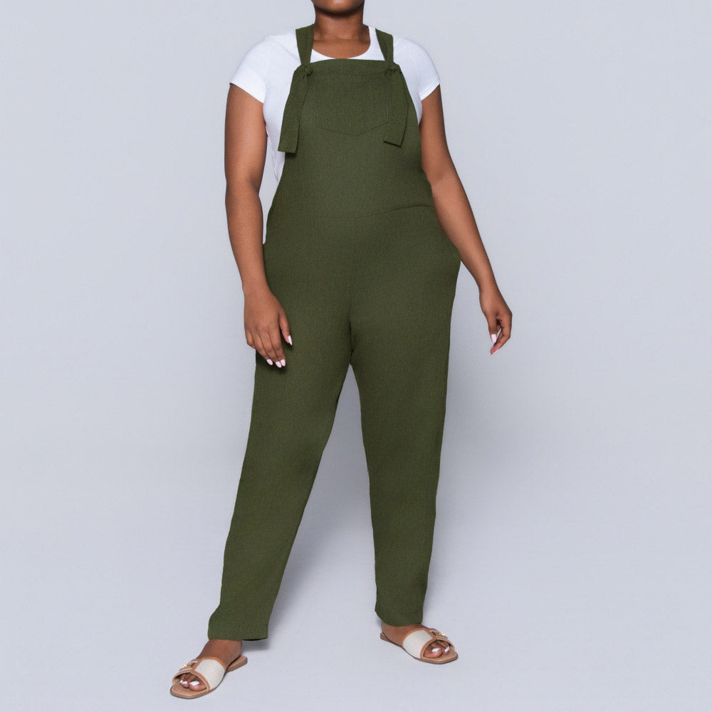 Plain  Linen Olive Jumpsuit