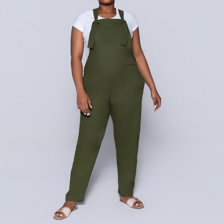 Plain  Linen Olive Jumpsuit