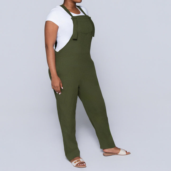 Plain  Linen Olive Jumpsuit