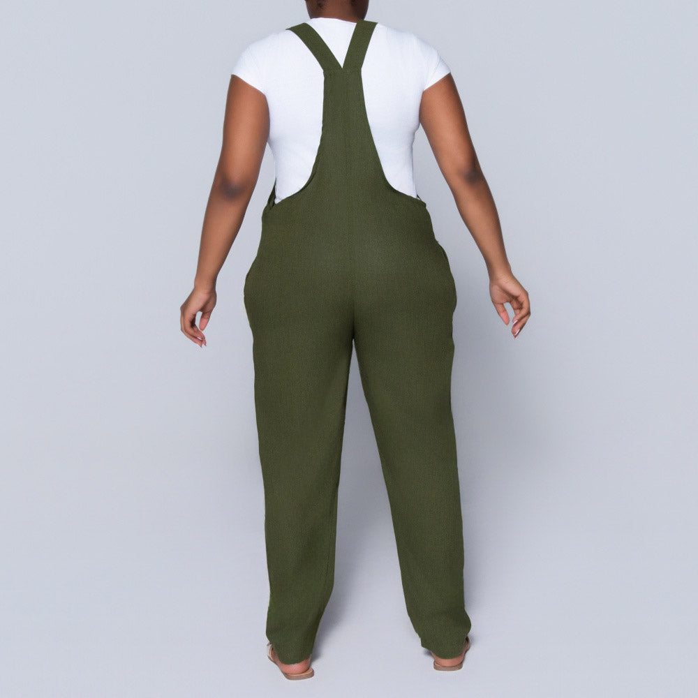 Plain  Linen Olive Jumpsuit