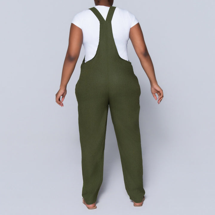 Plain  Linen Olive Jumpsuit