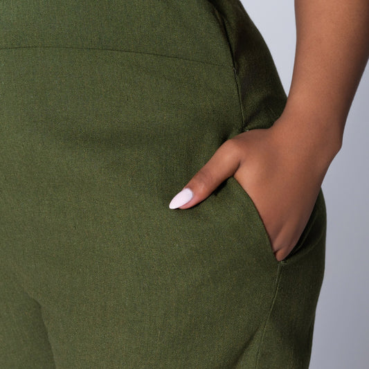 Plain  Linen Olive Jumpsuit