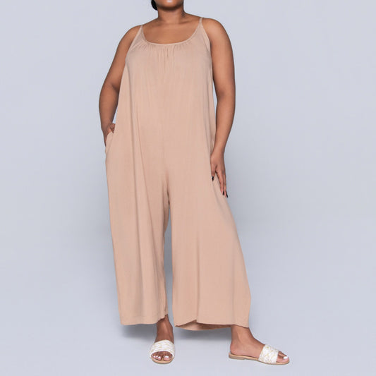 Strappy Plain Camel Jumpsuit
