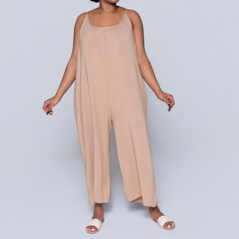 Strappy Plain Camel Jumpsuit