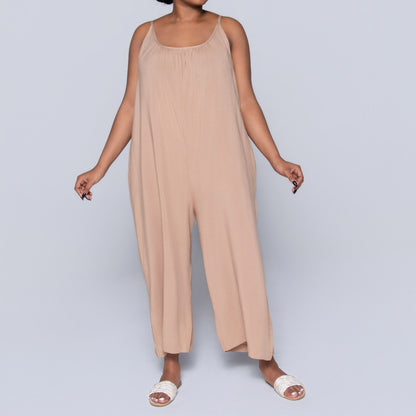 Strappy Plain Camel Jumpsuit