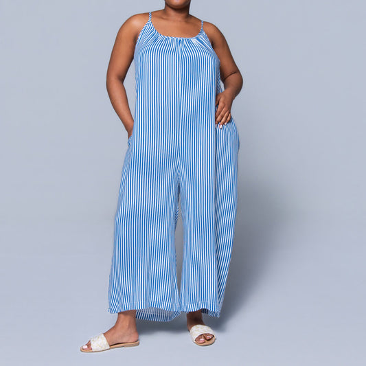 Blue Strappy Striped Viscose Jumpsuit