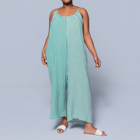 Green Strappy Striped Viscose Jumpsuit
