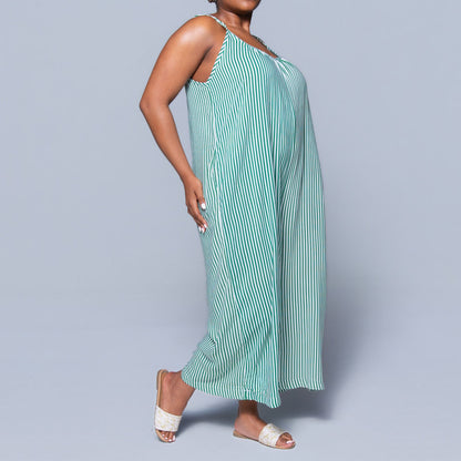 Green Strappy Striped Viscose Jumpsuit