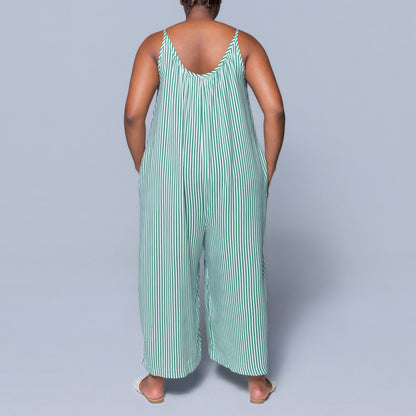 Green Strappy Striped Viscose Jumpsuit