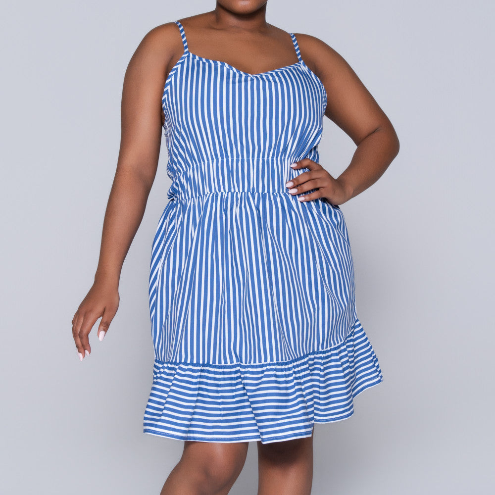 Blue Strappy  Striped Tiered Dress